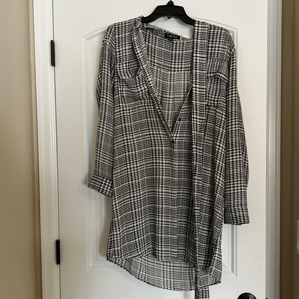 button up plaid dress, white and black , size small